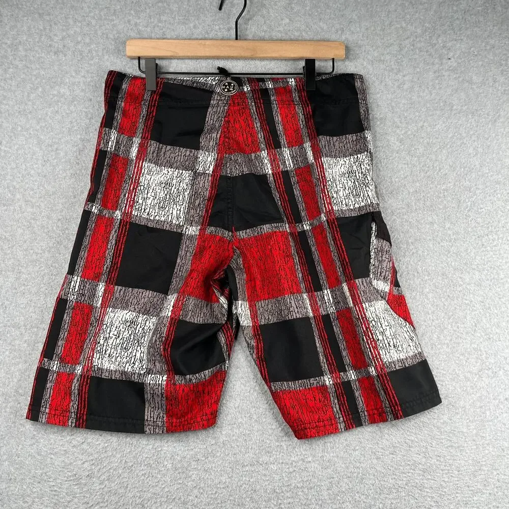Maui & Sons Board Shorts Mens Size 32 Red Black Plaid Pocket Beach Surf